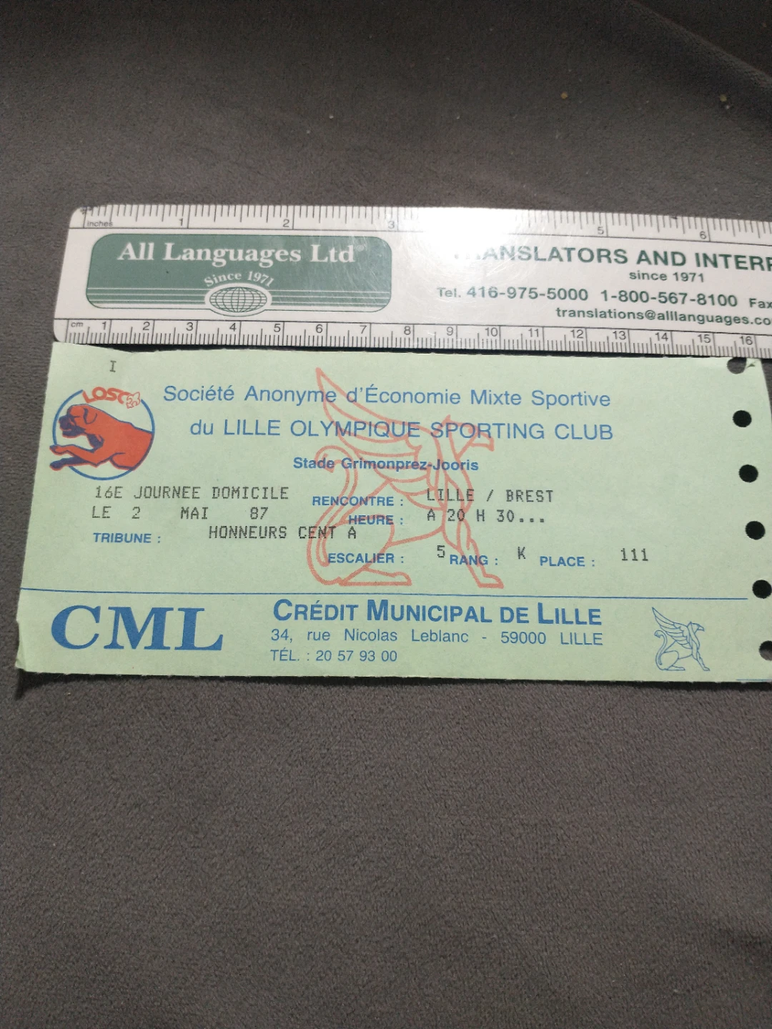 Rare 1987 LOSC Lille Olympique SC pro French FC ticket vs Brest - photo 2
