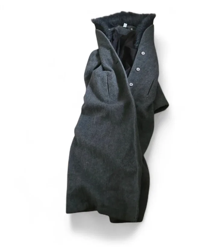 Grey Wool Blend Coat with Faux Fur Collar