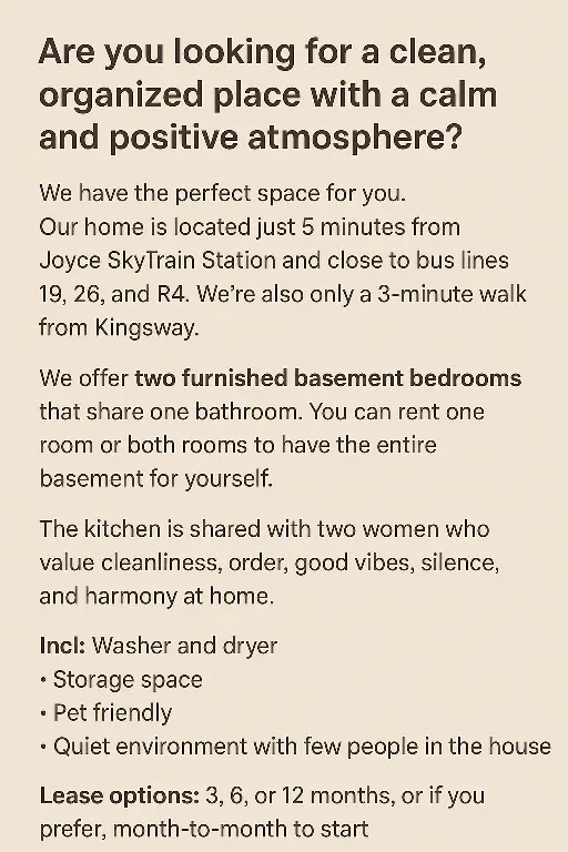 Furnished Basement Bedroom Near Joyce Skytrain