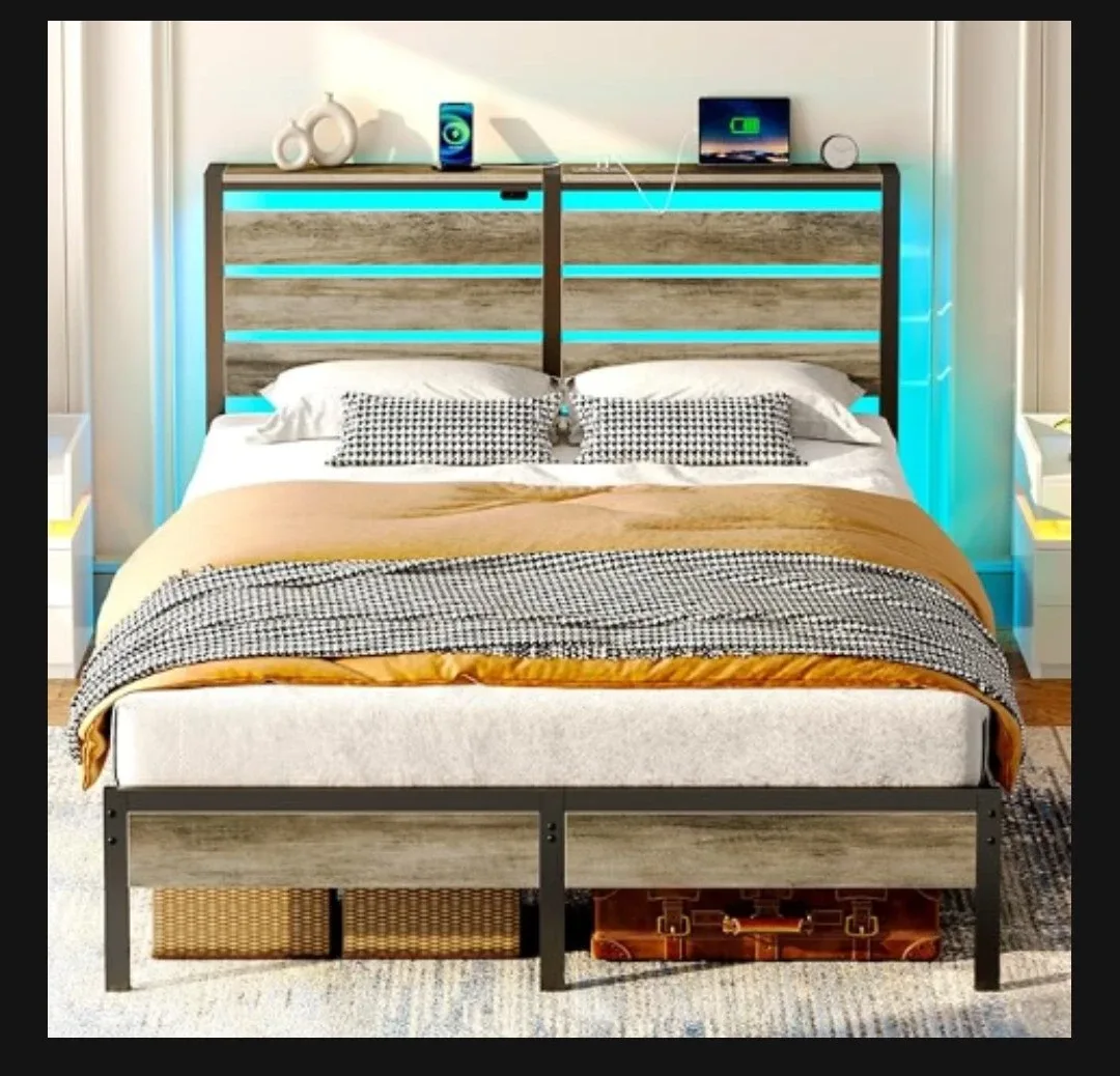 Twin bed with led lights, charger and shelf