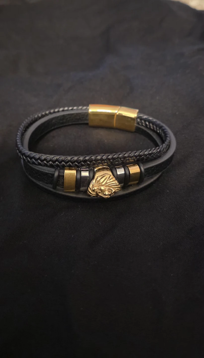 Lion Head Black Leather Bracelet