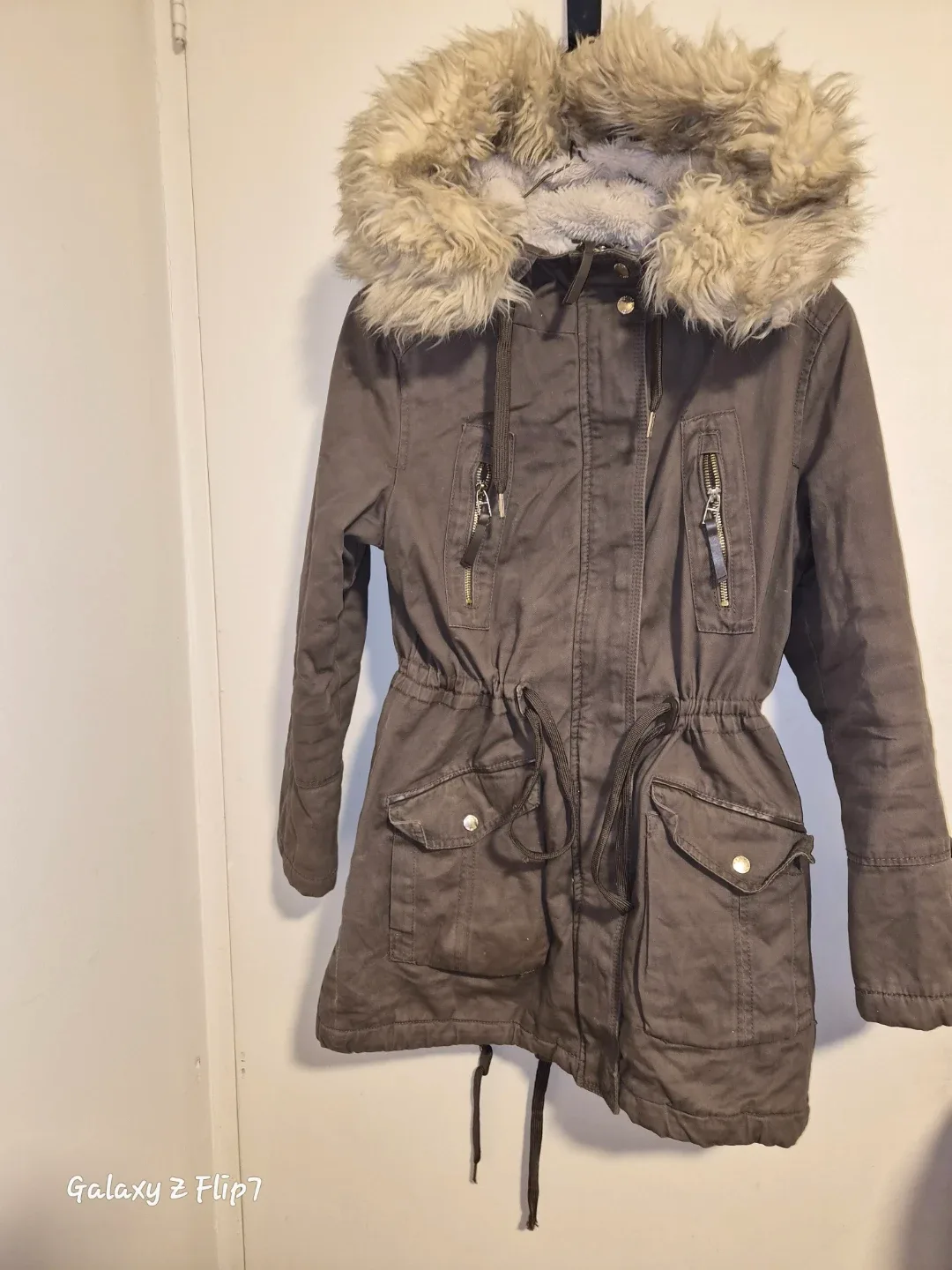 Olive Green Winter Parka with Faux Fur Hood