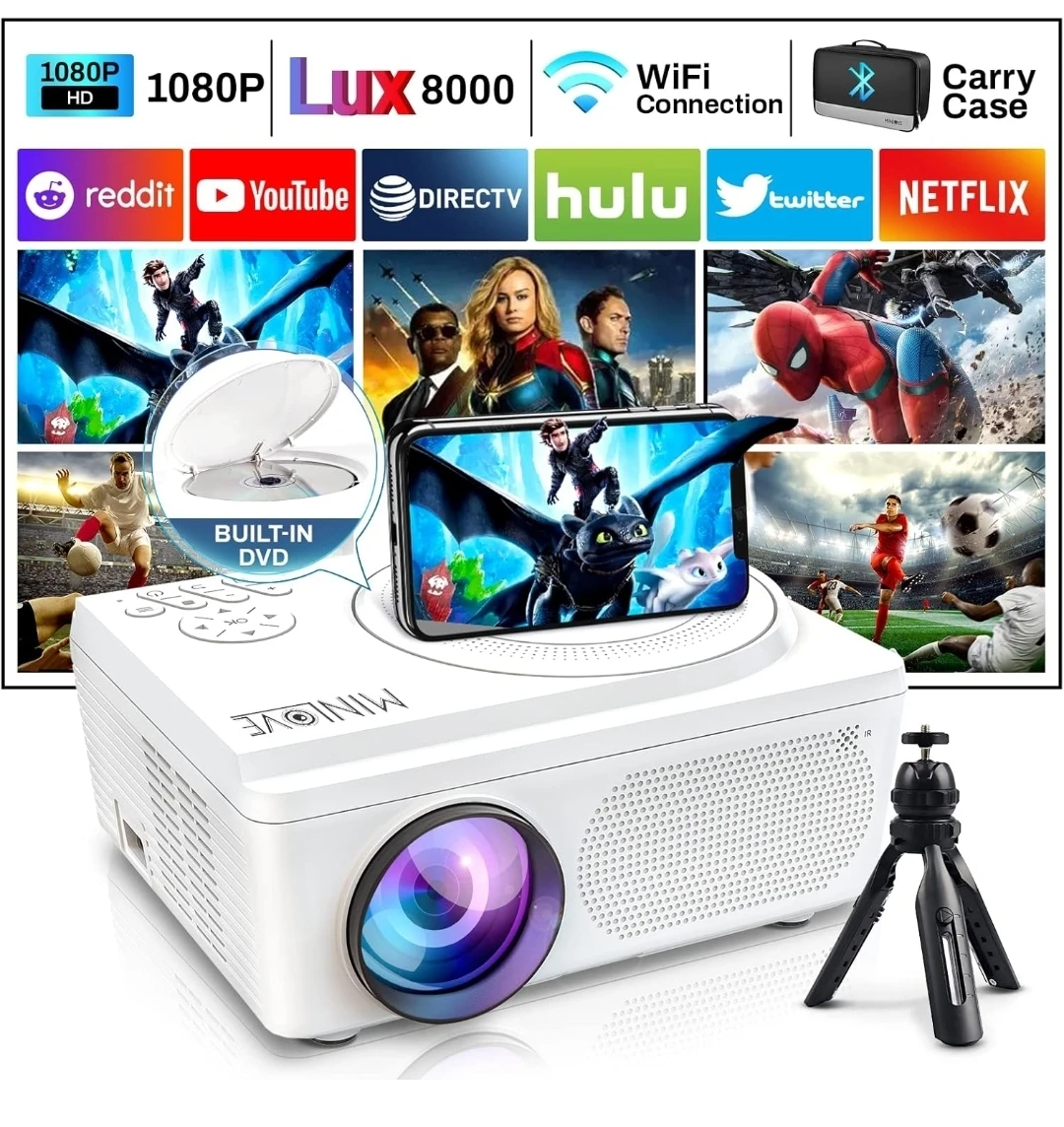 MINLOVE Native 1080P Projector w/ Built-In DVD Player, WiFi