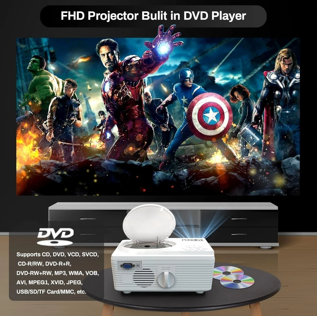 MINLOVE Native 1080P Projector w/ Built-In DVD Player, WiFi - photo 4