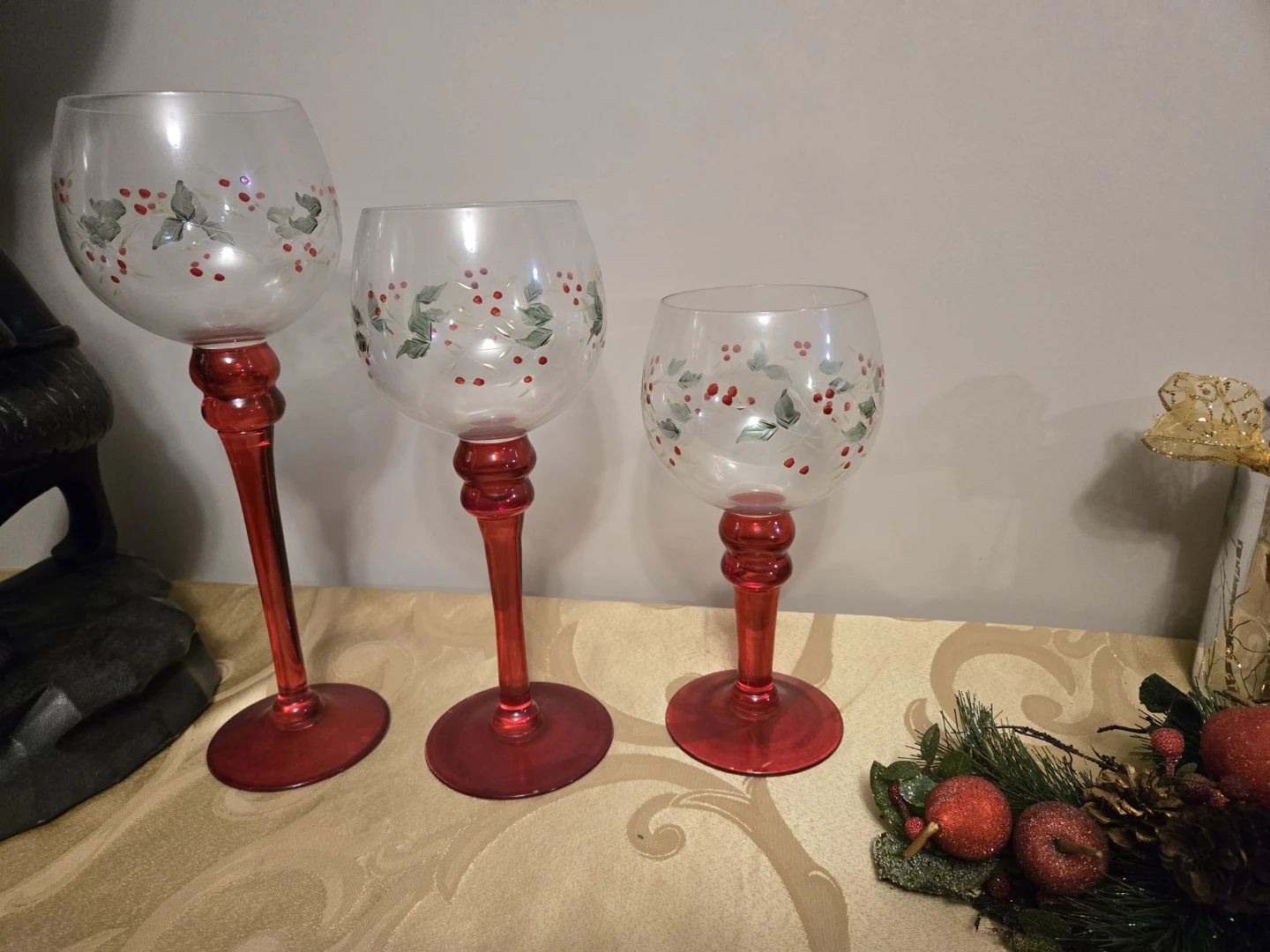 Pfaltzgraff Winterberry red stemmed glass candle holders, - photo 3