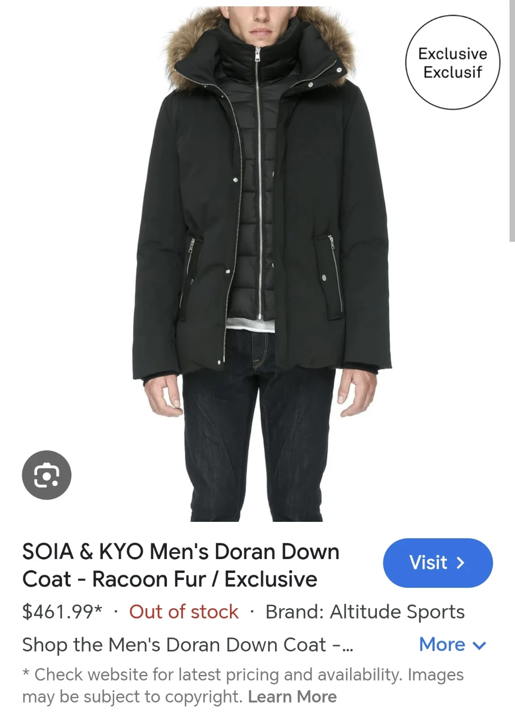 BNWT Soia & Kyo Doran Down Coat w/ Fur - Black Men XL