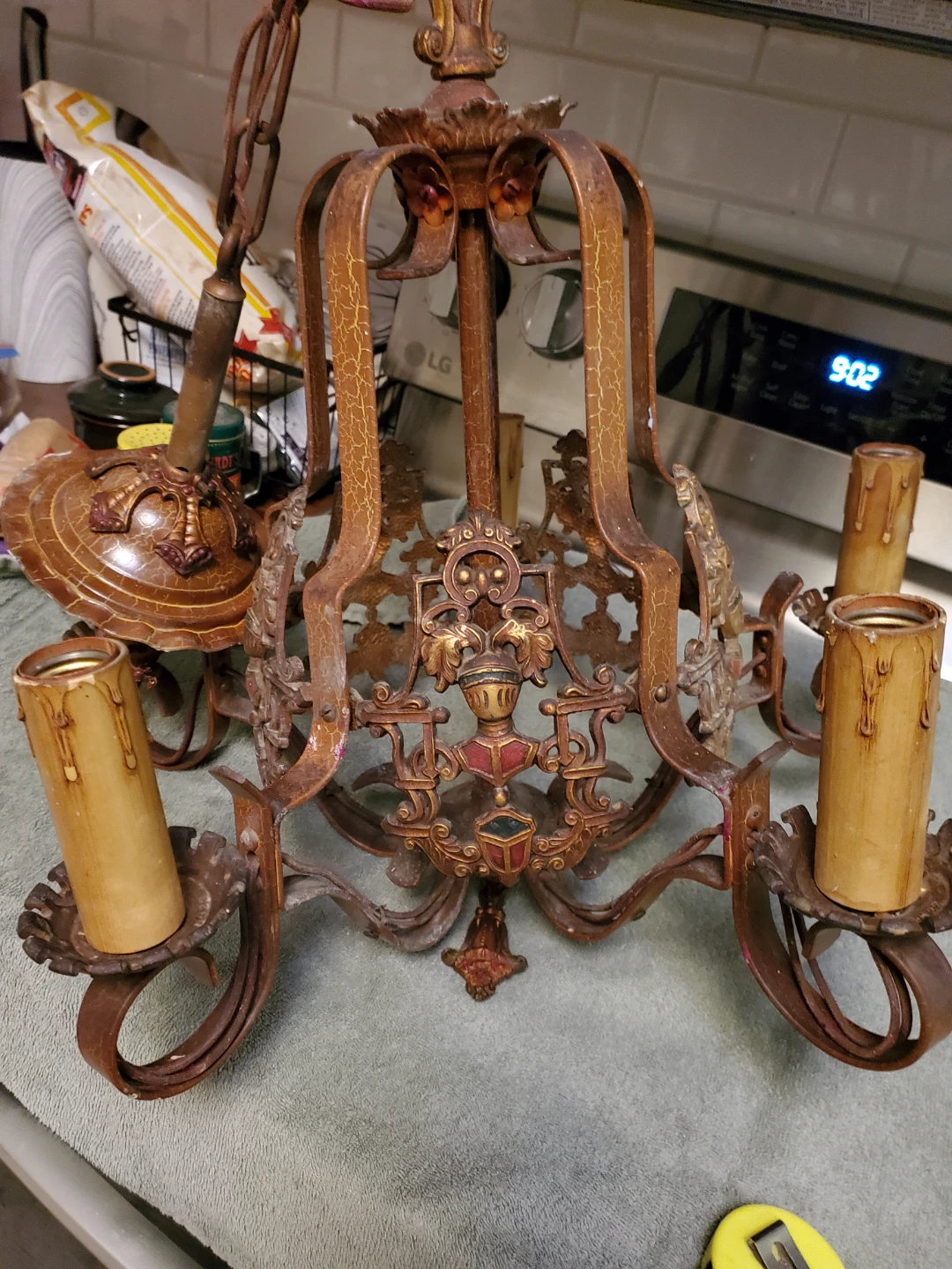 Vintage Ornate Metal Chandelier cast iron and brass enamel - photo 3