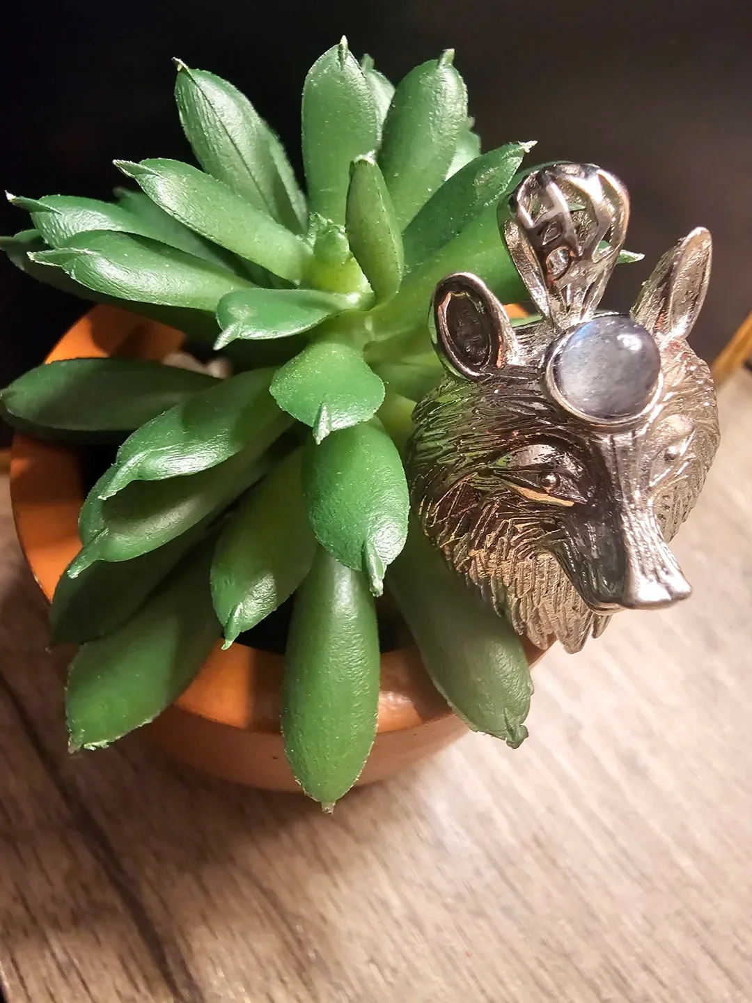 Wolf Head Pendant with labradorite crystal