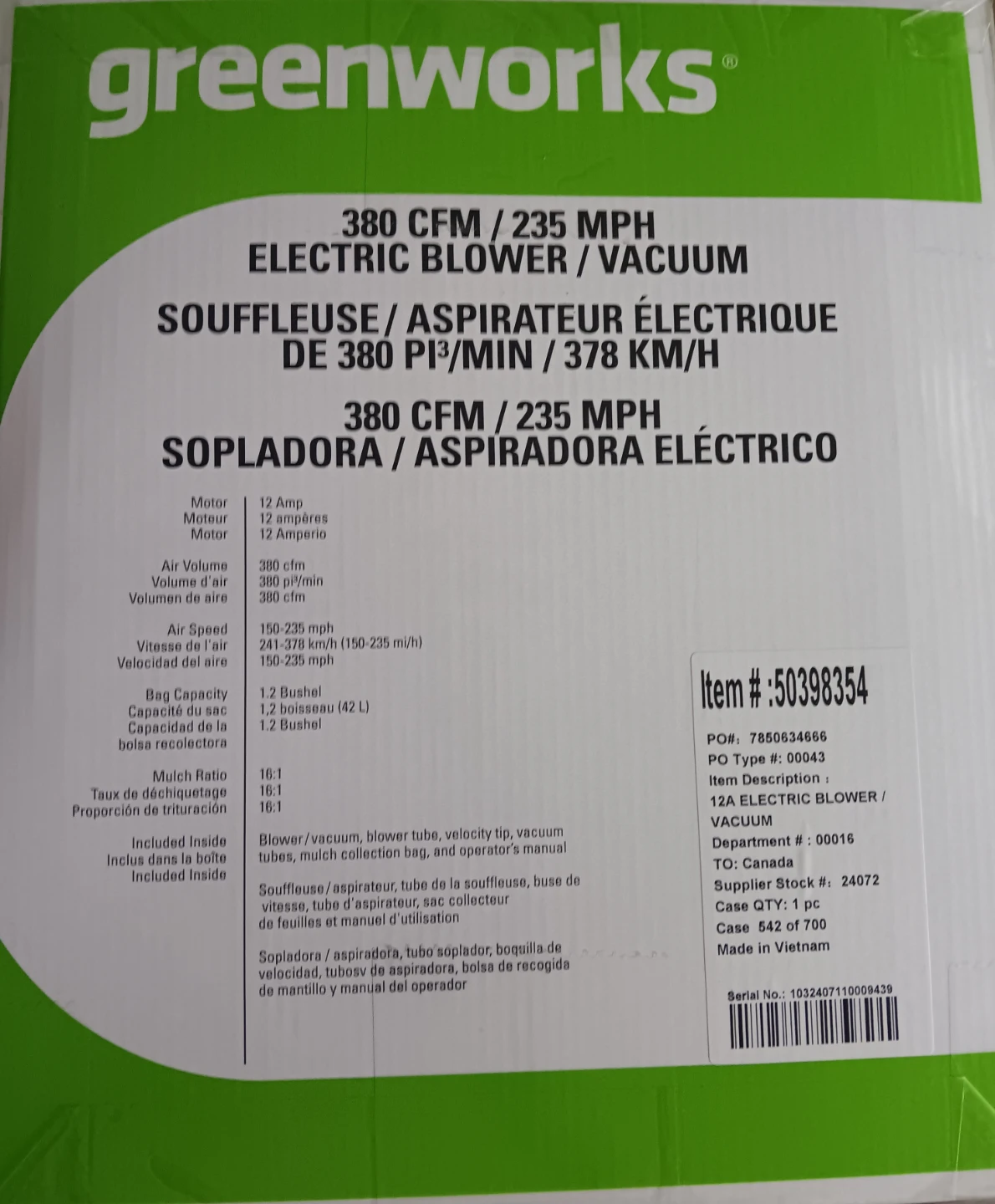 Greenworks 380 CFM Electric Blower/Vacuum - Brand New! InBox!! - photo 4