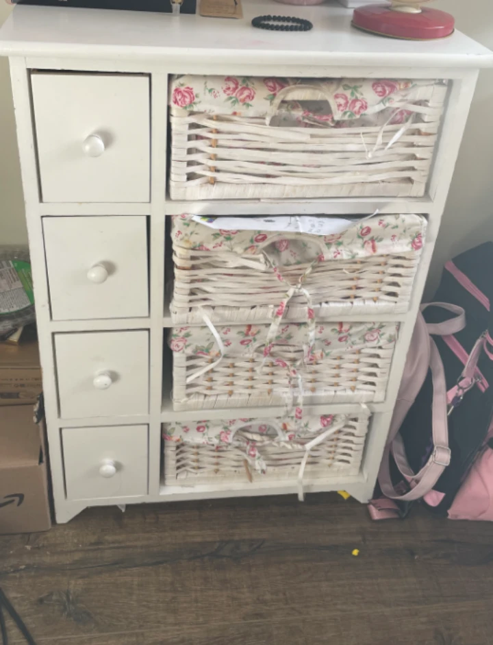 White Cabinet with 4 Wicker Baskets