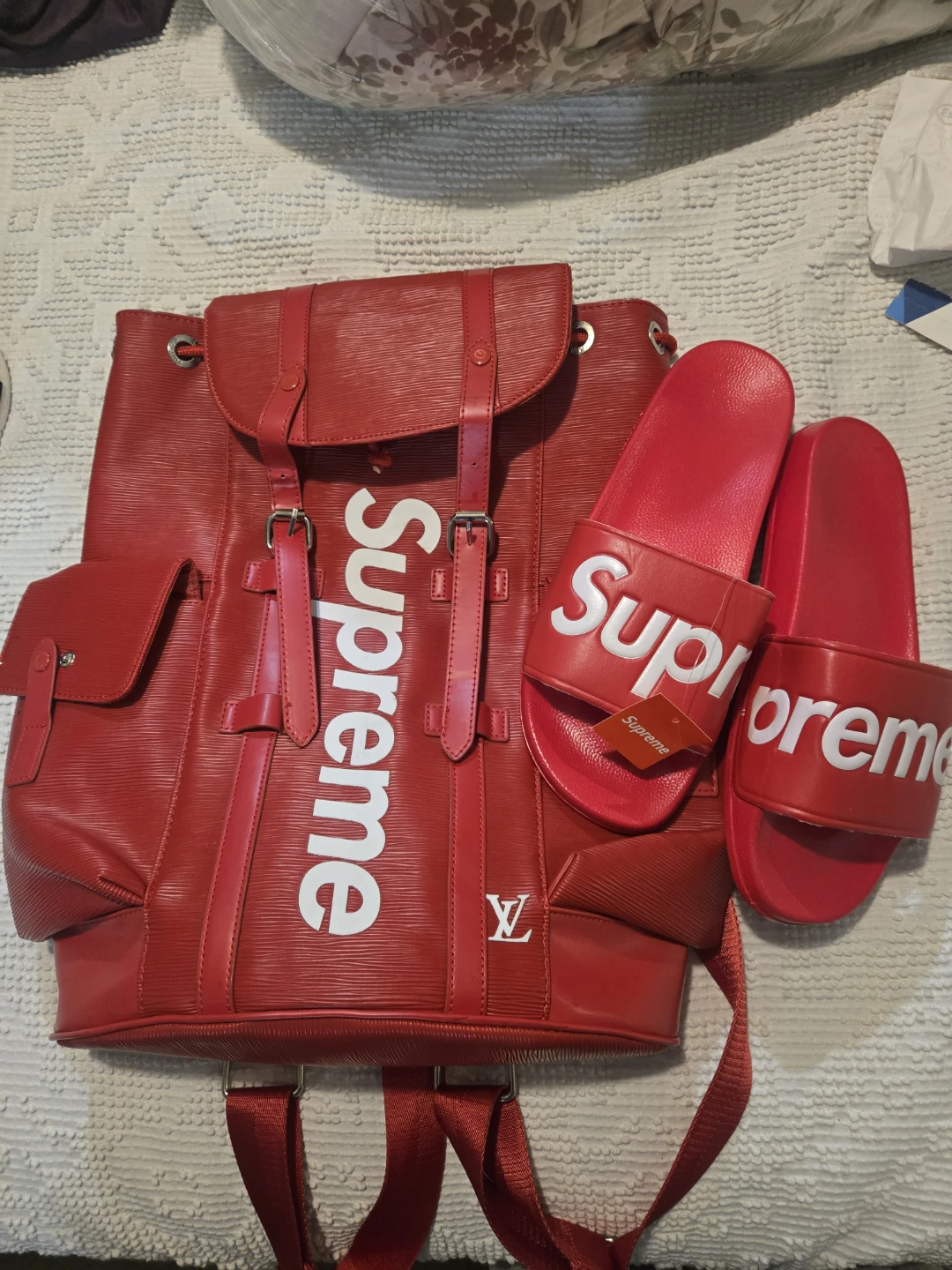 Supreme x Louis Vuitton Backpack & Slides - Red