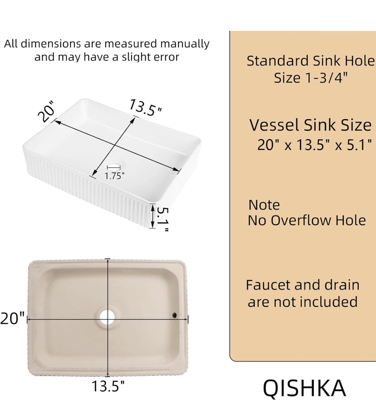 Qishka White Rectangular Vessel Sink - 20" x 13.5" - photo 2
