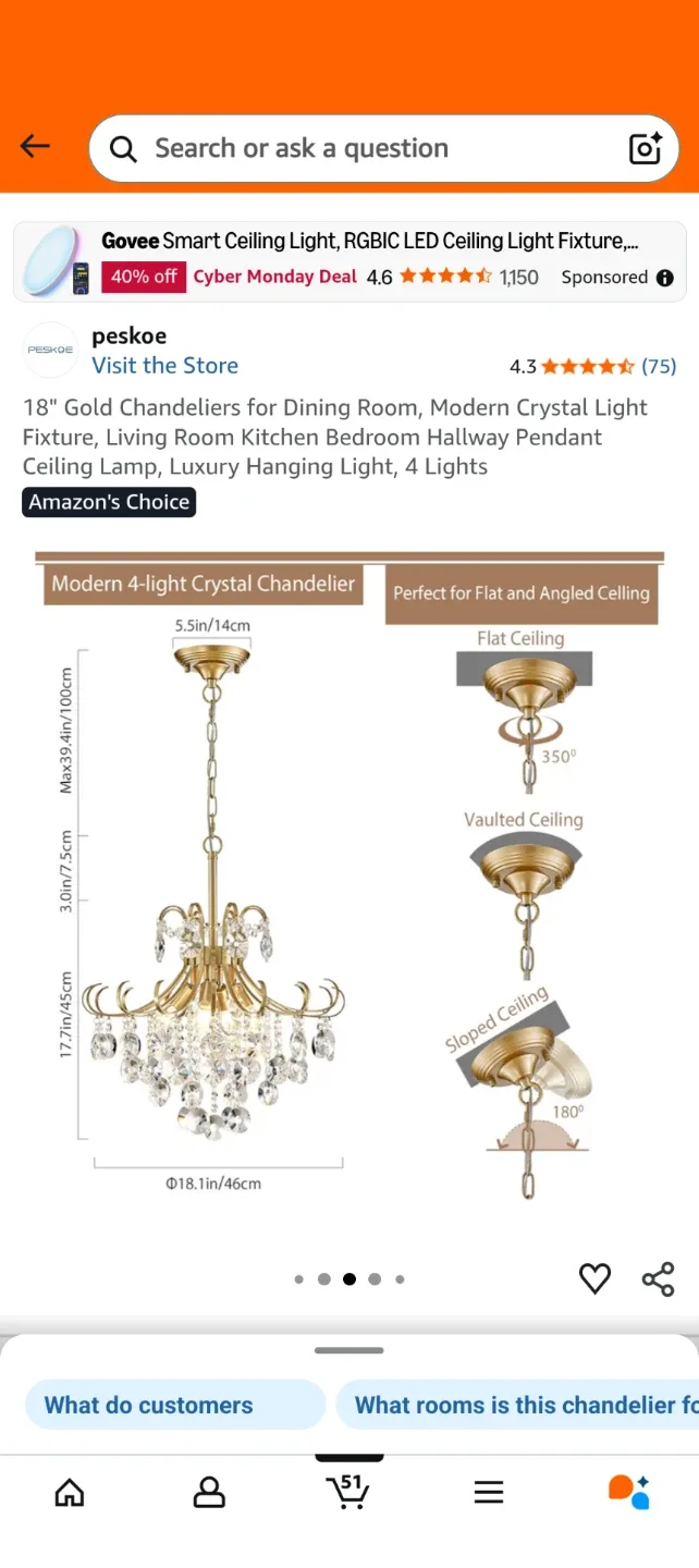 Peskoe 18" Gold Crystal Chandelier image indicator(2)