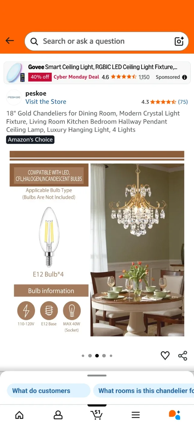 Peskoe 18" Gold Crystal Chandelier image indicator(4)