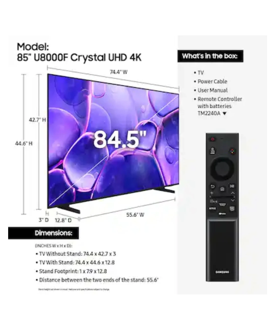 Samsung 85" Crystal UHD 4K TV - Model 85" U8000F - photo 5