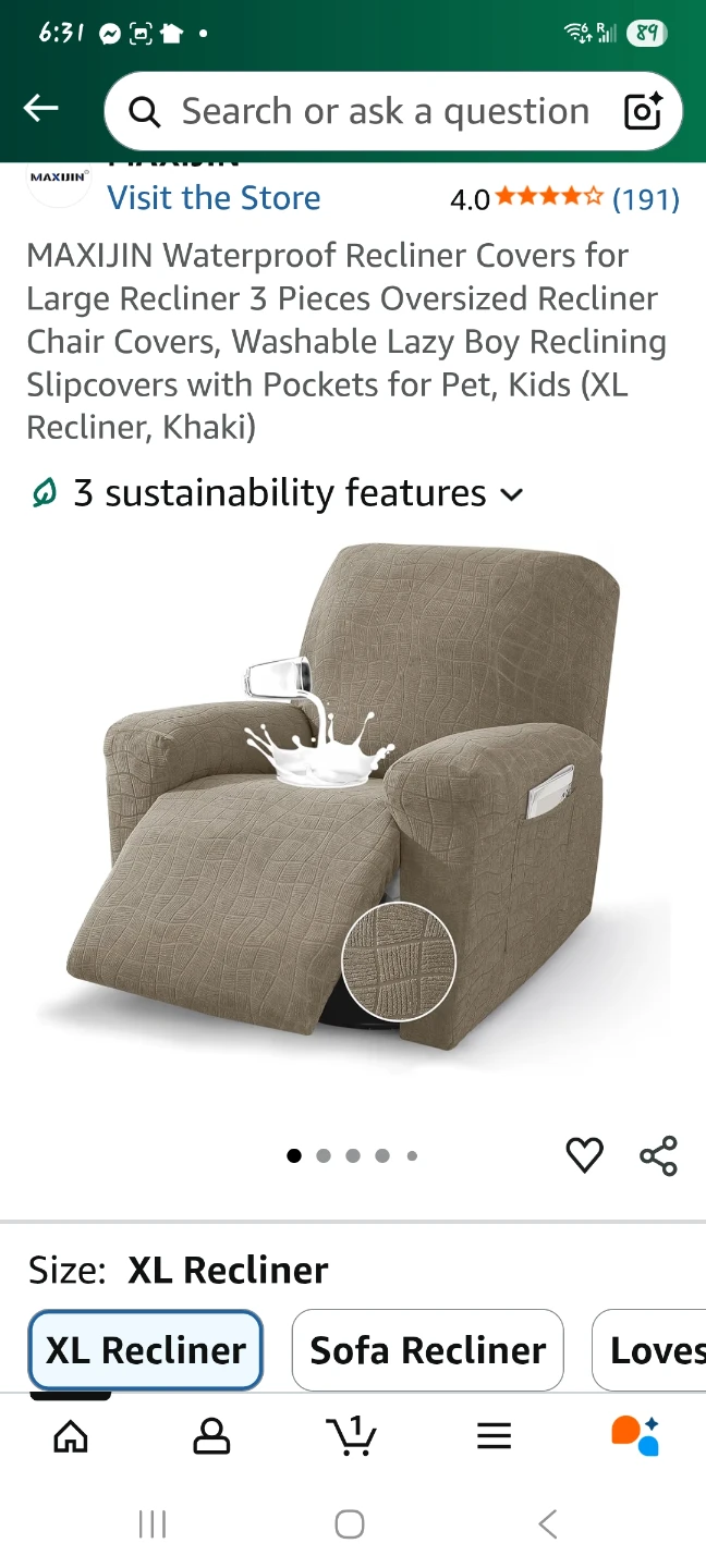 XL Khaki Recliner Cover- NEW