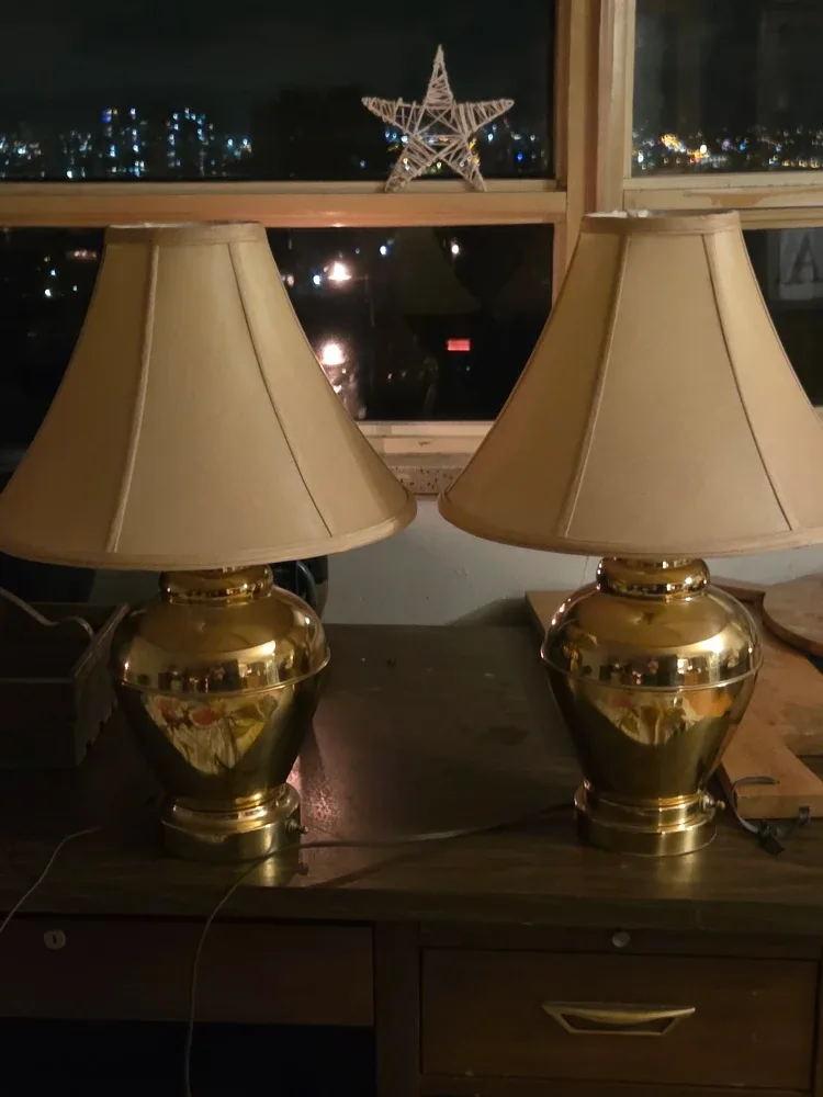 Pair of Brass Lamps with Beige Shades