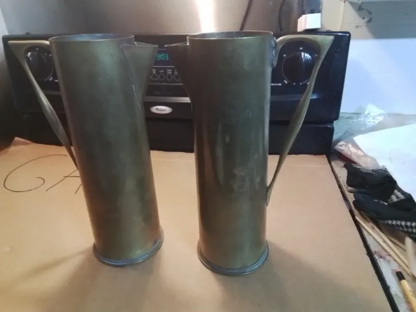 Antique WW I Trench Art Artillery Shell Brass Picthers 1916 image indicator(2)