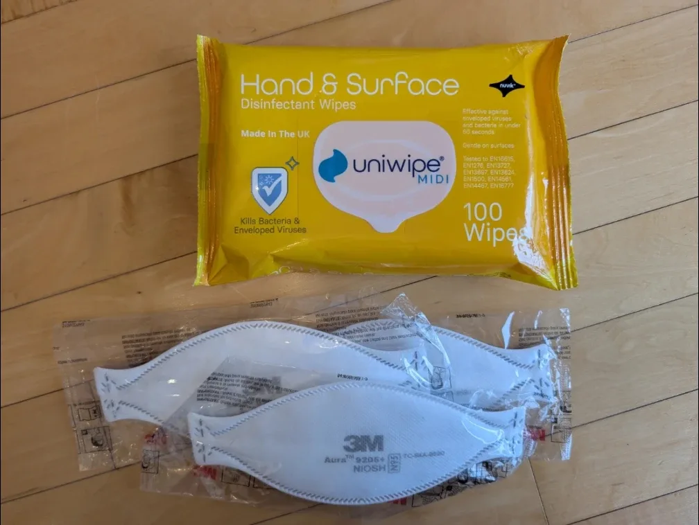 Surface Disinfectant Wipes + 3M Aura 9205+ Masks