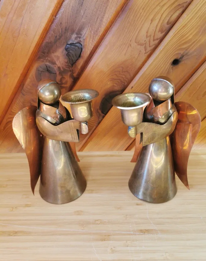 Set Of 2 Vintage Brass Copper Angel Candle Holders image indicator(7)