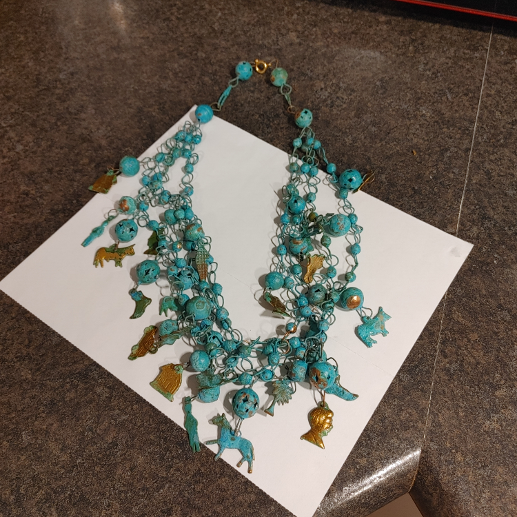 Vintage Verdigris Statement Necklace - Boho-Chic Figural Charms