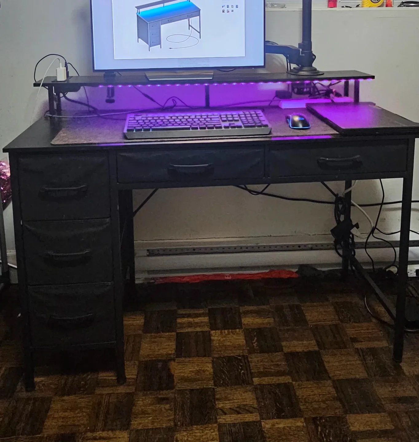47" computer/office desk with Fabric Drawers, Power outlets, LED
