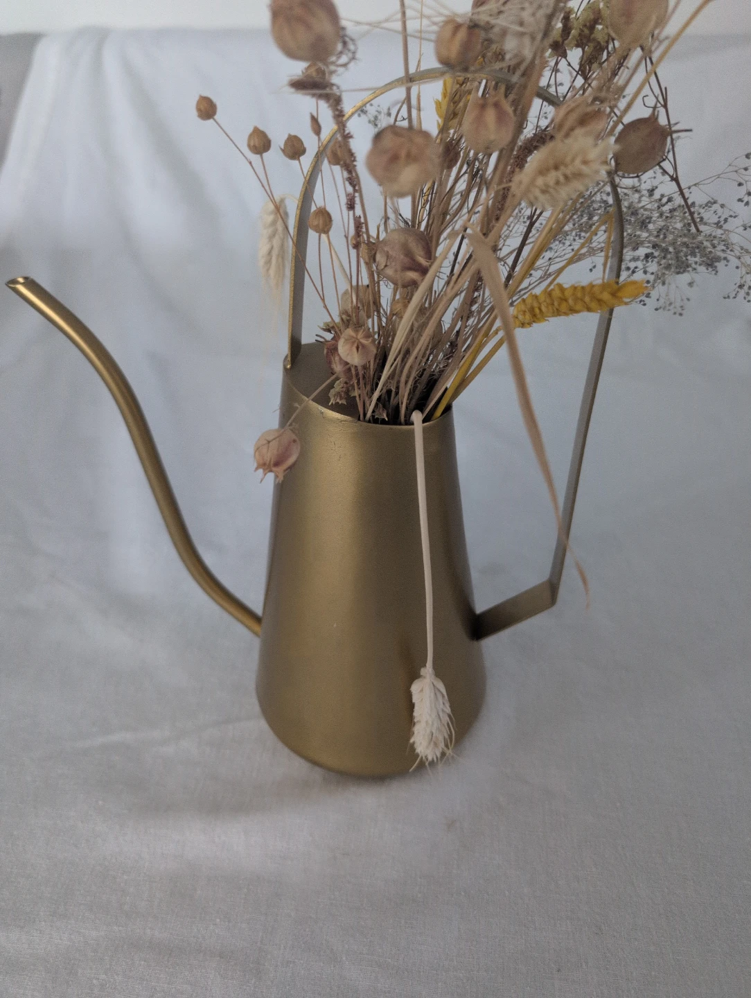 Gold Watering Can with Dried Flowers