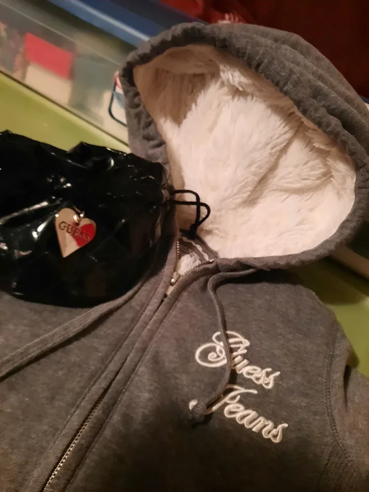 Guess Jeans XS Grey Sherpa Lined Hoodie & BAG