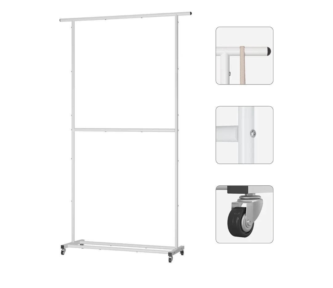 White Metal Clothes Rack with Wheels