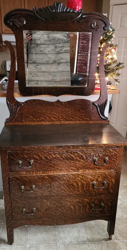 Antique Tiger Oak Dresser with Mirror, wood wheels