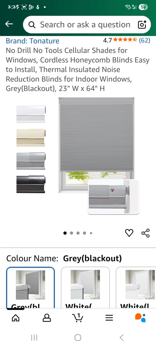TONATURE Grey Blackout Cellular Shade - 23" x 64"