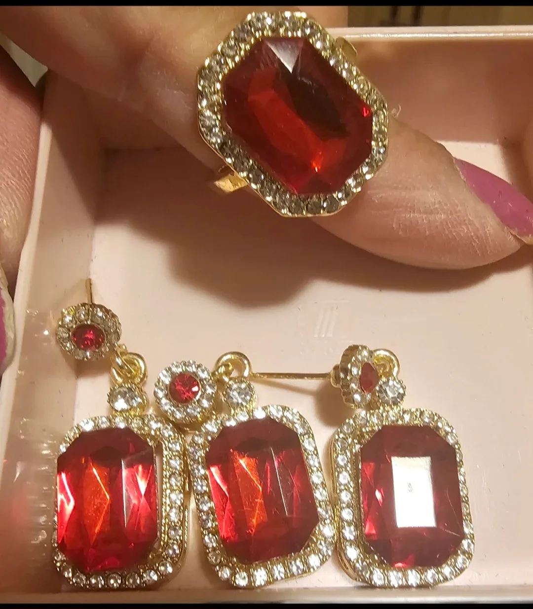 Red Jewel Ring & Earrings Set