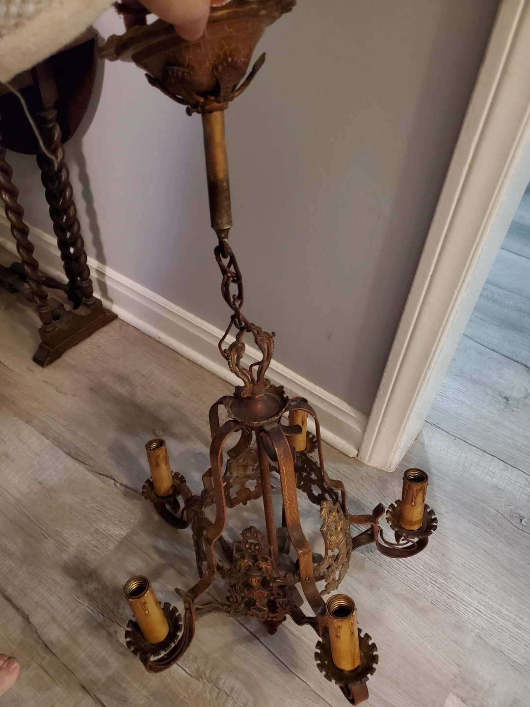 Vintage Ornate Metal Chandelier cast iron and brass enamel