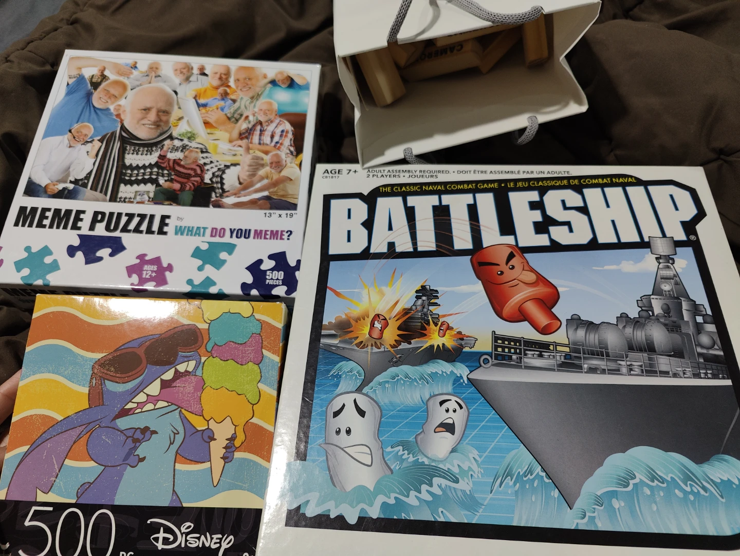 Battleship Game, 2 Puzzles, and 1 tumbling tower game