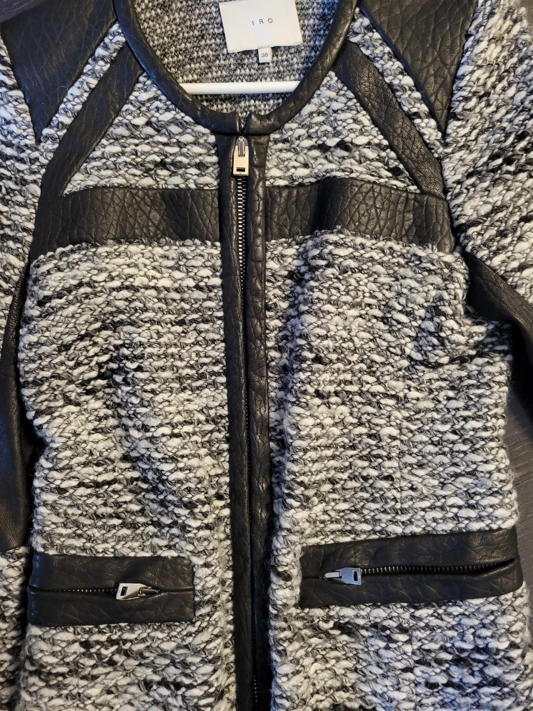 IRO Izzy Black Leather Grey Knit Jacket Sweater - photo 5