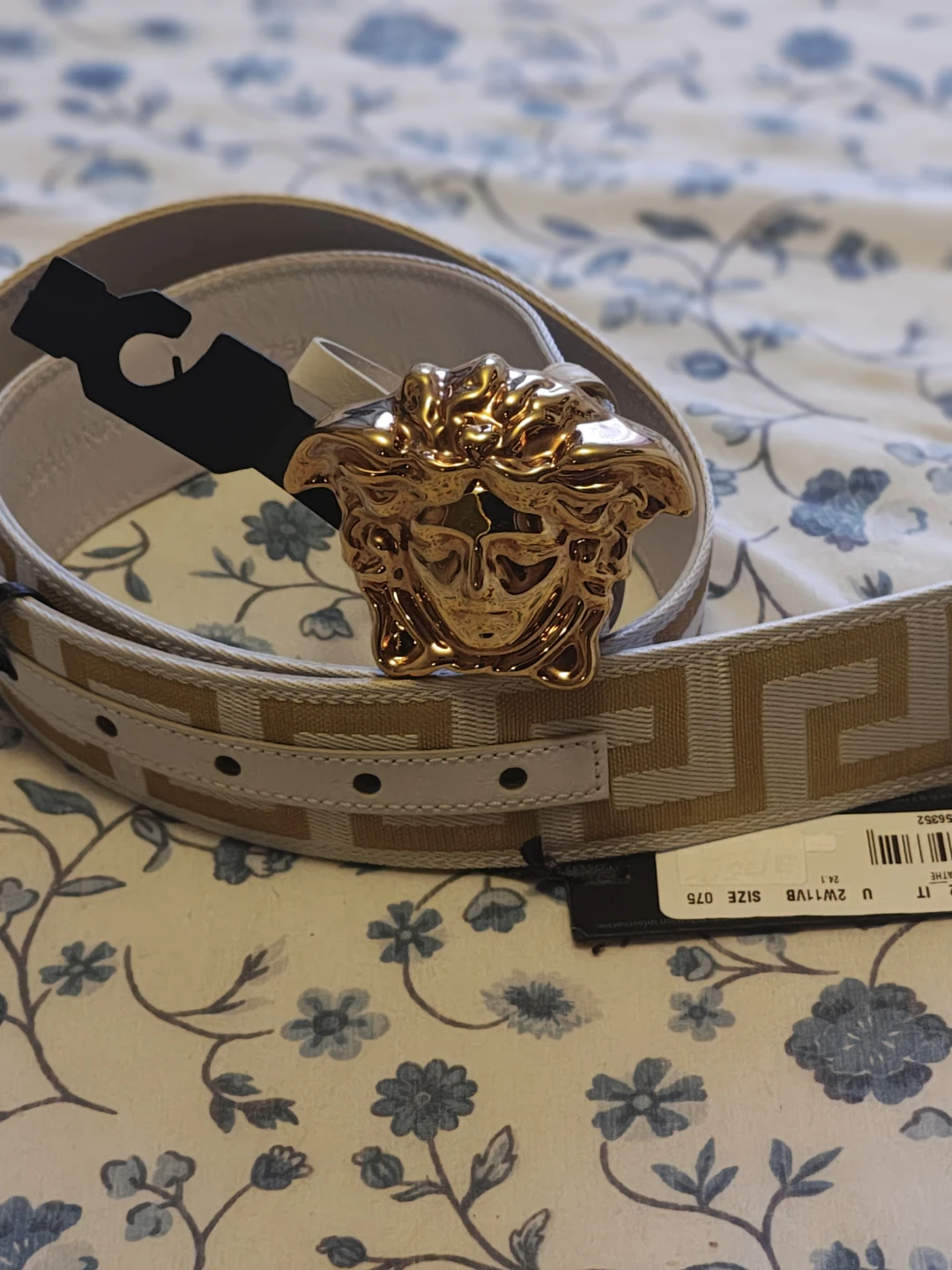2 Versace belts Beige/Gold and Navy/Grey, Size 75