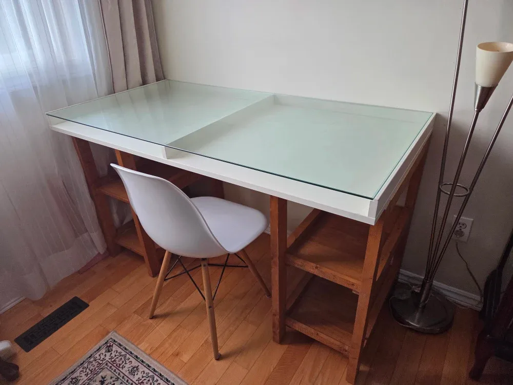 Glass Top Desk with Wooden Base