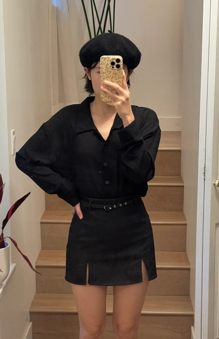 ZARA black grey A-Line Mini Skirt with Side Buckle Detail