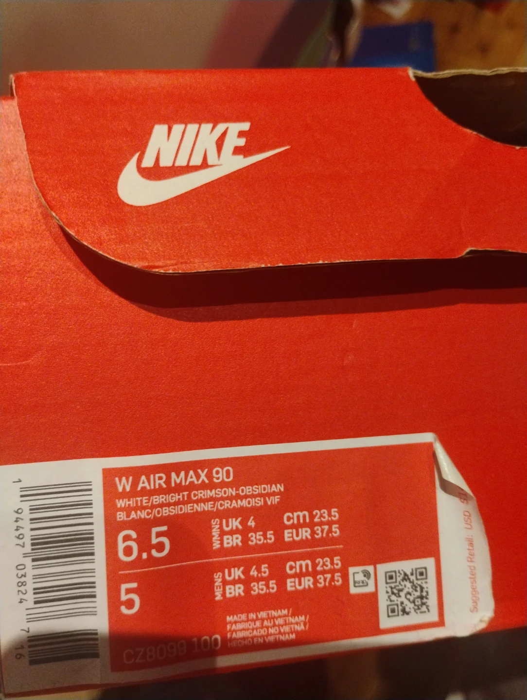 Nike Air Max 90 White/Bright Crimson, Size 6.5