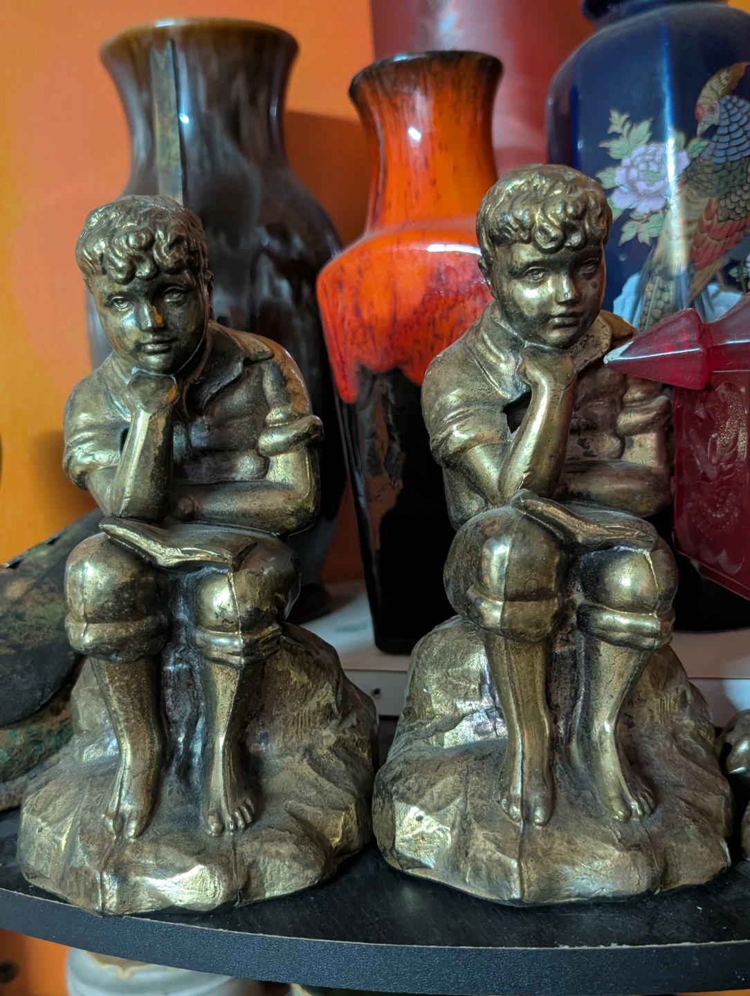 Vintage Bronze Boy Reading Statues