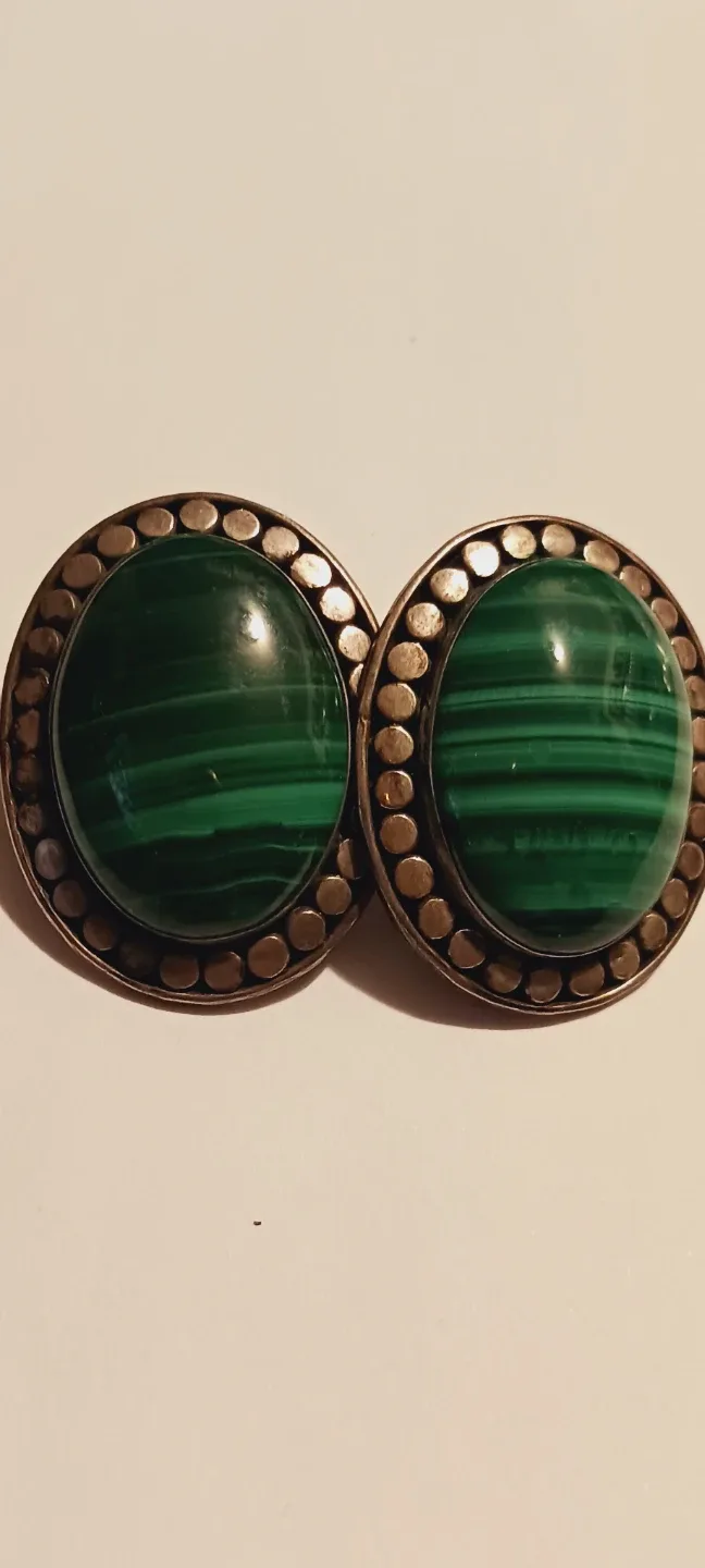 Sterling Silver 925 Genuine Malachite Stone Pierced Earrings