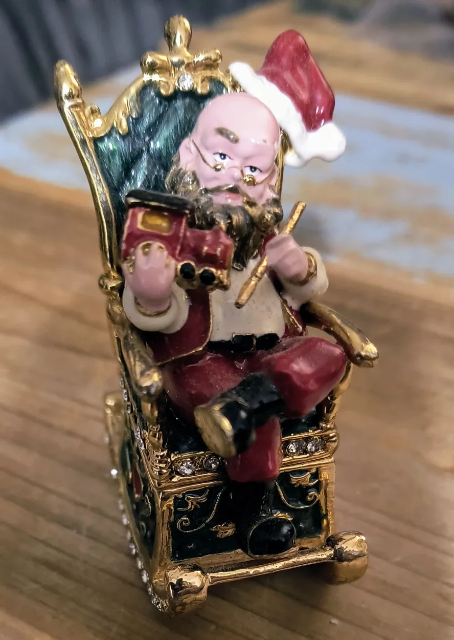 Jeweled Enameled Pewter Santa Claus Hinged Trinket Jewellry Box