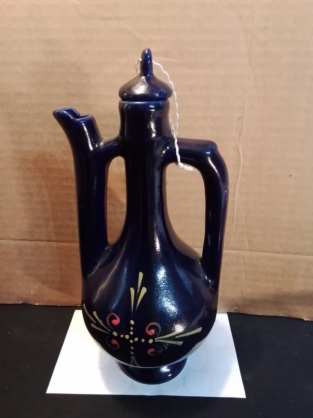 Vintage Cobalt Blue Ceramic Jug With Lid Hand Painted USSR