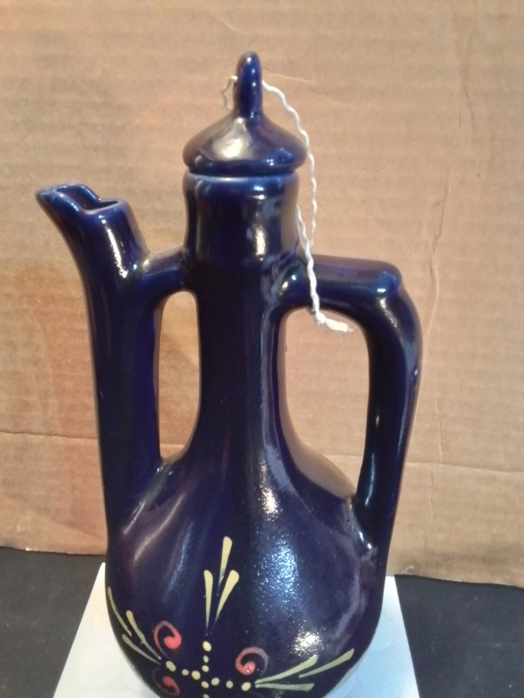 Vintage Cobalt Blue Ceramic Jug With Lid Hand Painted USSR - photo 2