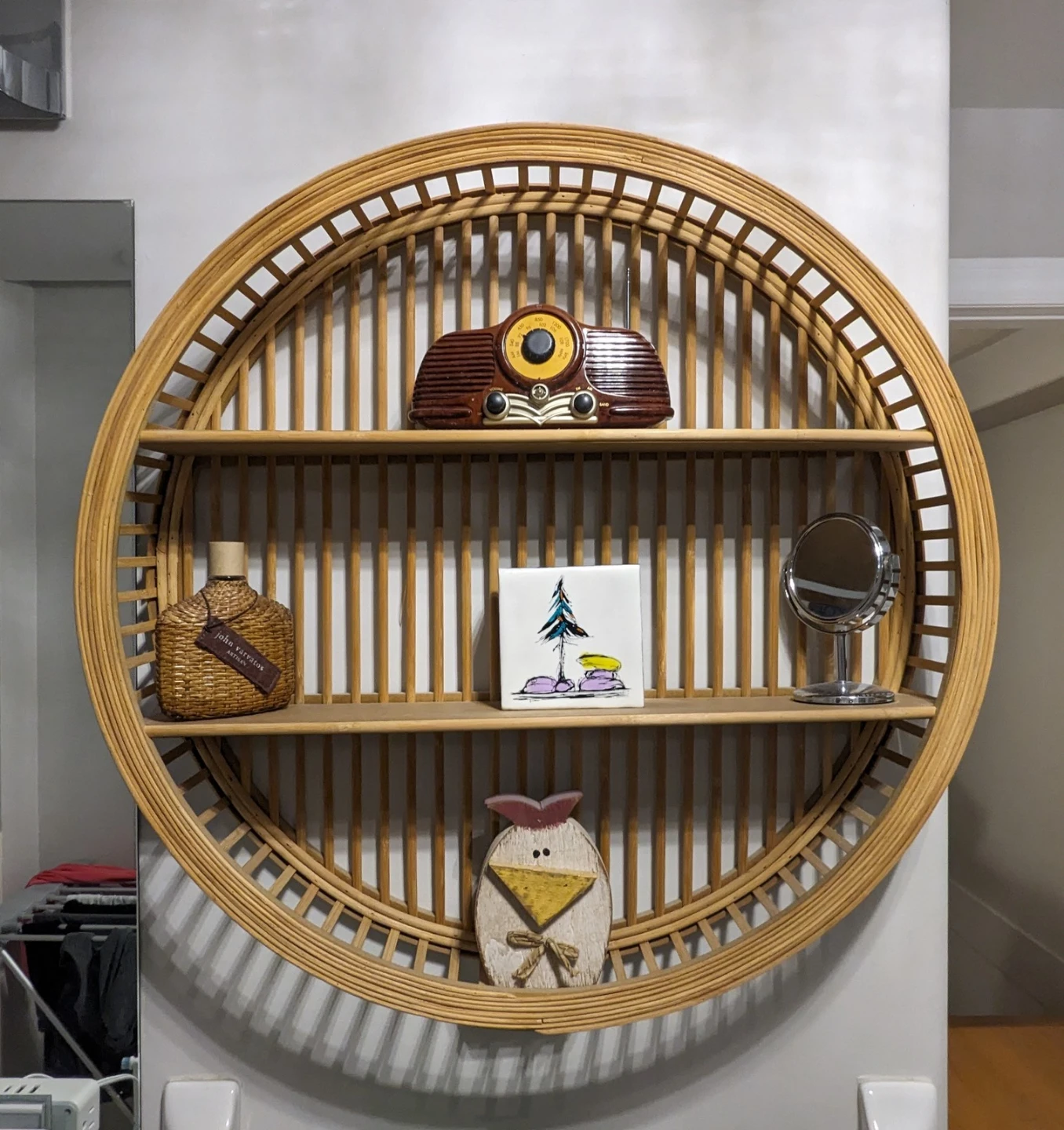 Wooden Rattan Round Wall Shelf