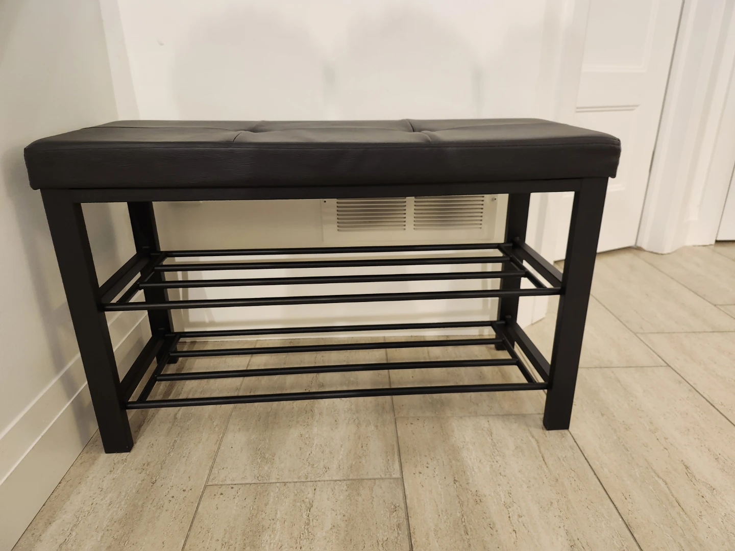 Black Faux Leather Bench with Shoe Rack