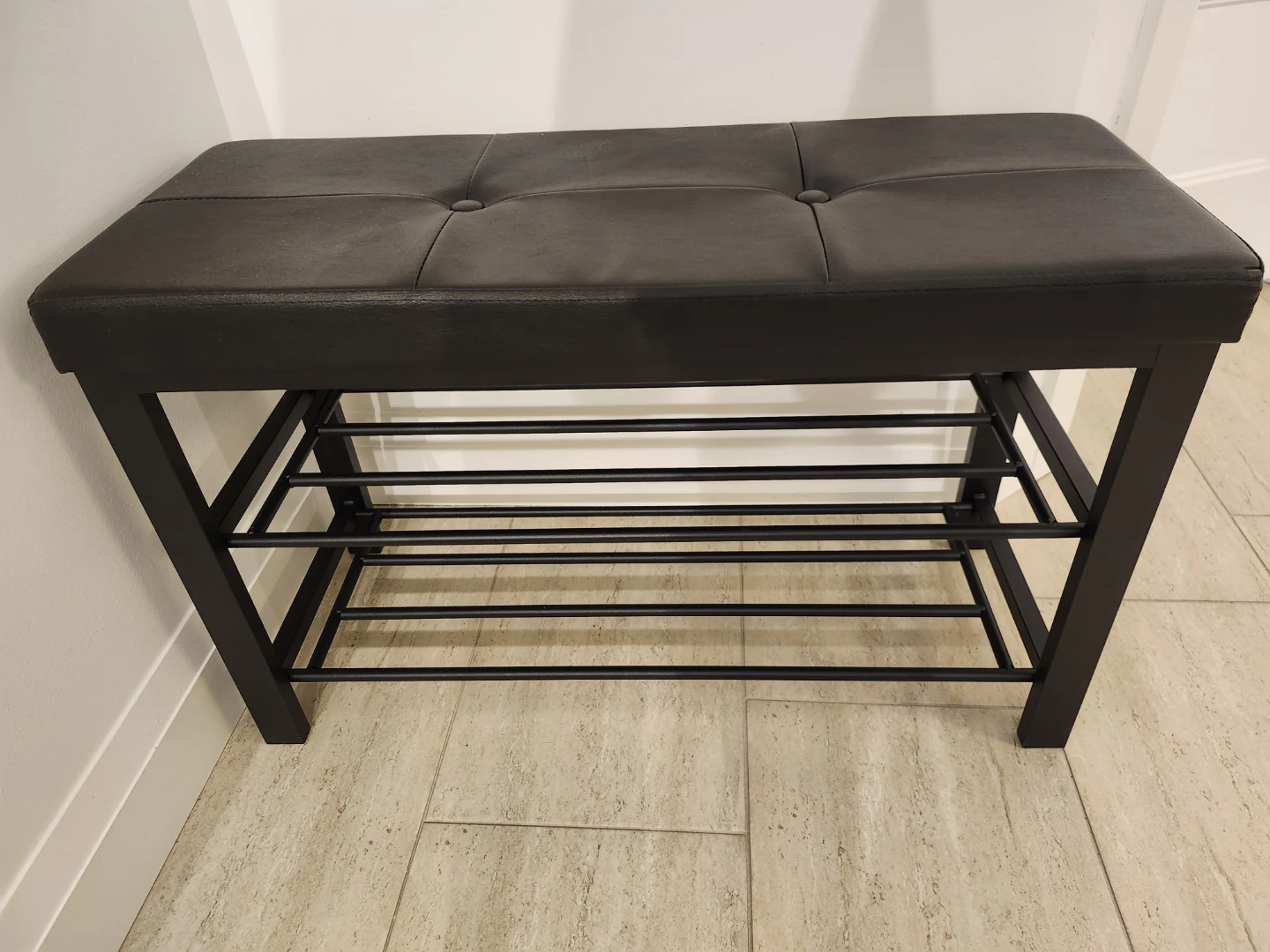 Black Faux Leather Bench with Shoe Rack - photo 2