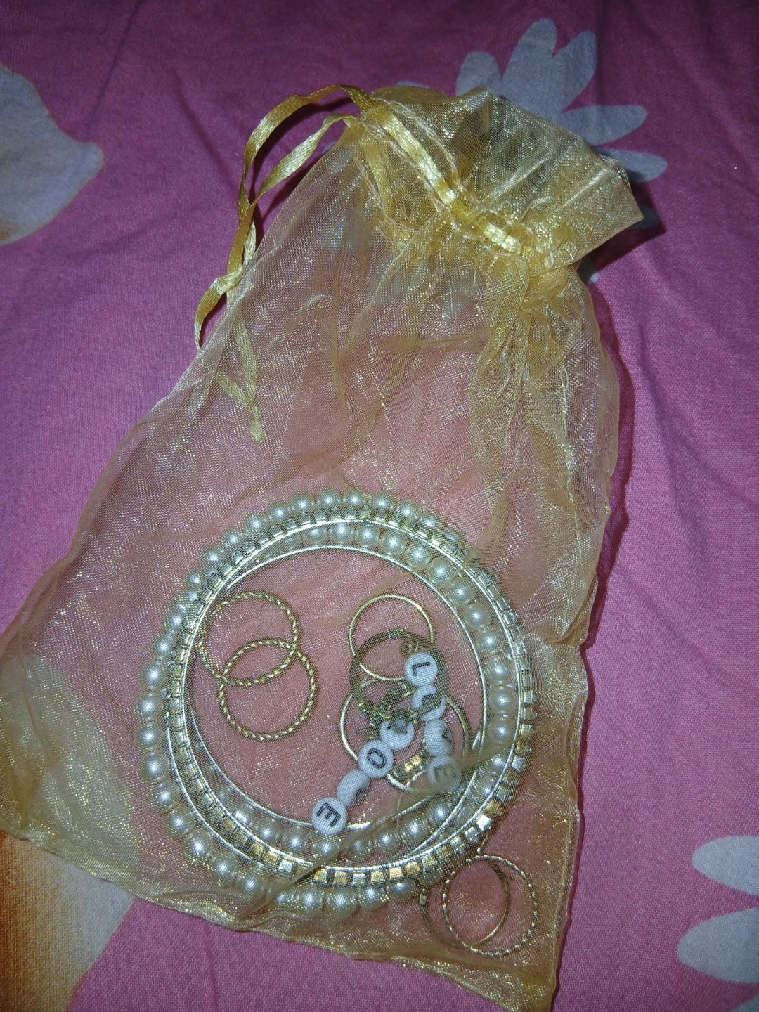 Pearl and Gold Tone rings, earrings, & bangles set
