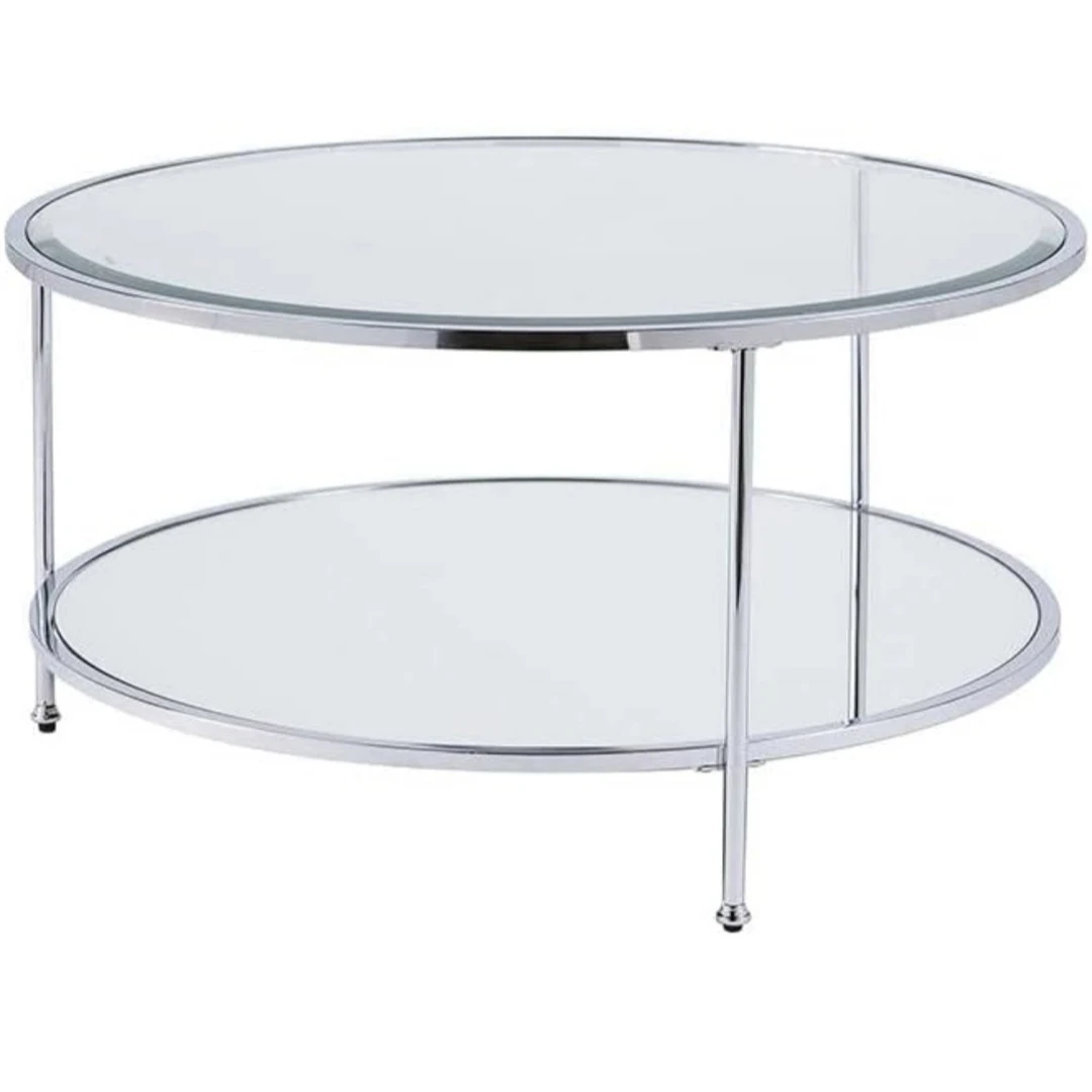 Round Glass & Chrome Coffee Table with Mirrored Shelf - photo 4