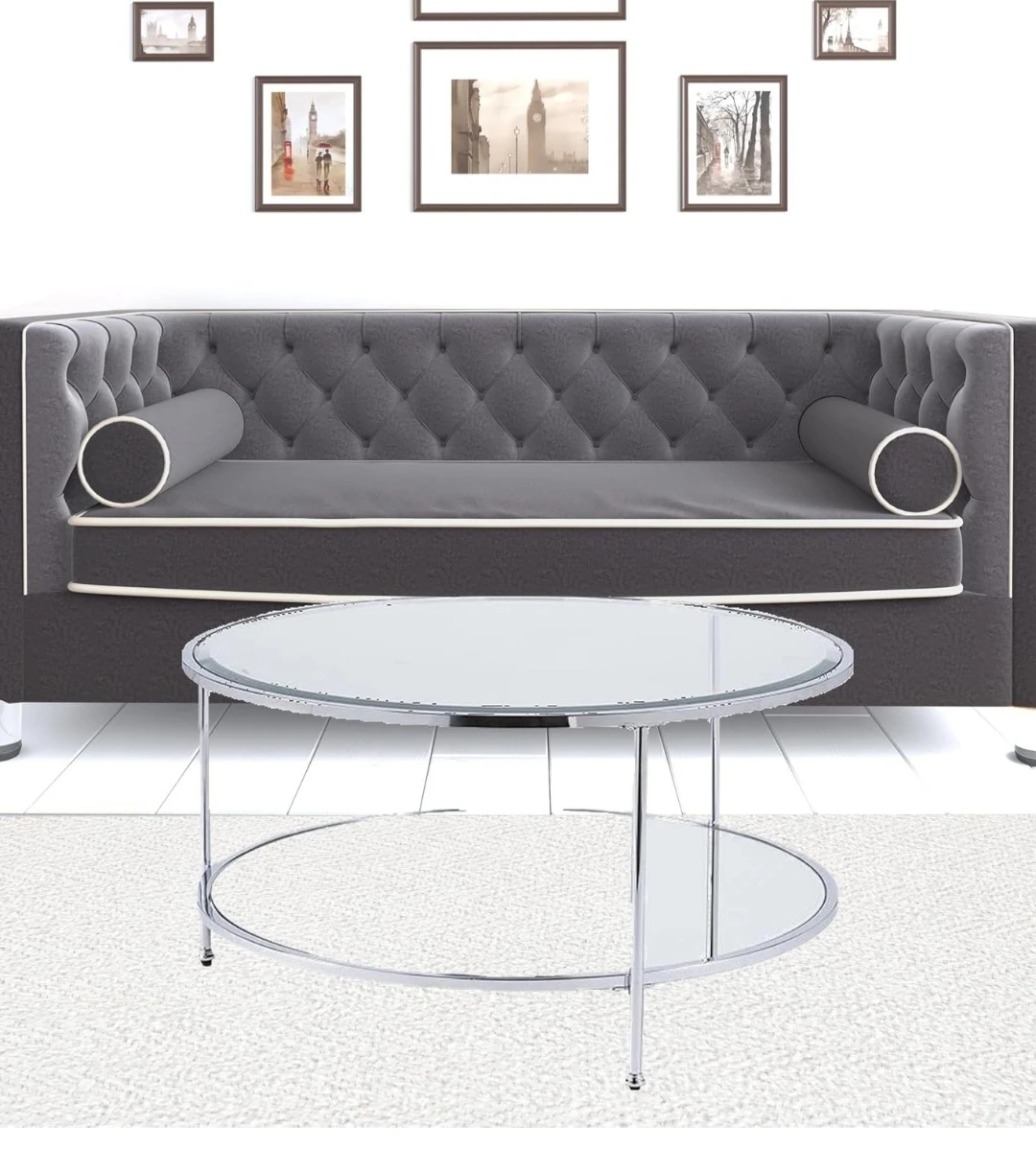 Round Glass & Chrome Coffee Table with Mirrored Shelf - photo 5